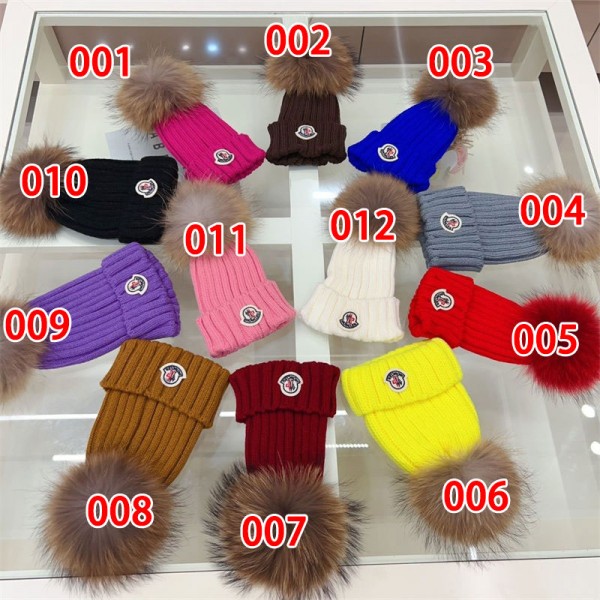 Moncler ニットキャップ モンクレールニット帽 ハイブランド女性用冬のポンポン付きビーニーハット 暖かい かわいい 厚手のスローチーなスノーニットスカルスキーハット