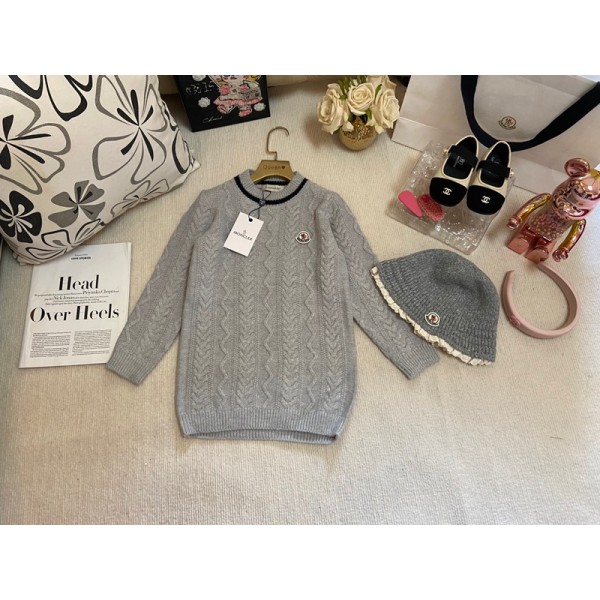 Moncler モンクレールブランドガールズ秋冬セータードレス 子供ロングニット服 ニット帽子2点セット 長袖 カジュアル ニットジャンパー 100-140cm ハイロードレストップスアウトフィット