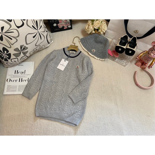 Moncler モンクレールブランドガールズ秋冬セータードレス 子供ロングニット服 ニット帽子2点セット 長袖 カジュアル ニットジャンパー 100-140cm ハイロードレストップスアウトフィット