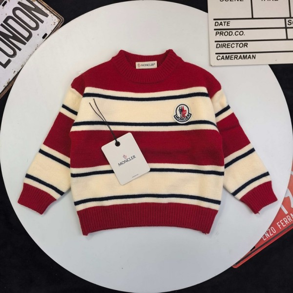 Moncler モンクレールブランド子供セーター ベビー キッズ ニット服 ジュニア 長袖カットソー お出かけ ニットセーター 厚手 ボーダー柄 遊び着 通学 普段着 通園 セーター 90-150cm