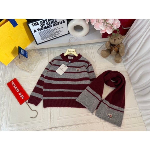 Moncler モンクレールブランド子供服 ニットセーター マフラー 男の子 女の子 クルーネック 長袖 丸首 綿 キッズ 春秋冬 ボーダー柄 シンプル 通学 ボーイズ ガールズ 下着 インナー 防寒 140 130 120 110 150cm