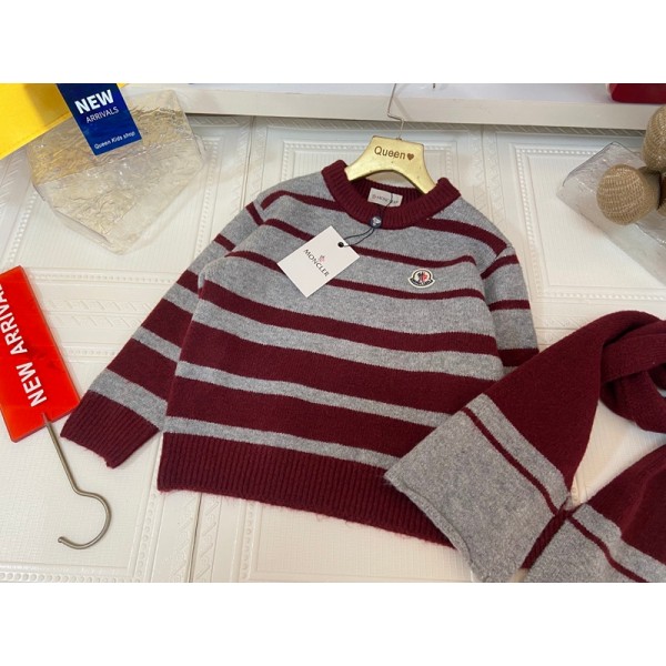 Moncler モンクレールブランド子供服 ニットセーター マフラー 男の子 女の子 クルーネック 長袖 丸首 綿 キッズ 春秋冬 ボーダー柄 シンプル 通学 ボーイズ ガールズ 下着 インナー 防寒 140 130 120 110 150cm