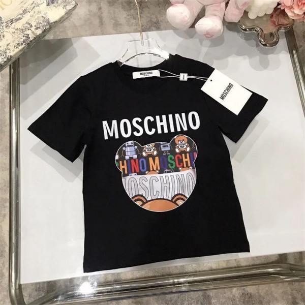 Moschino モスキーノブランドTシャツ 子供服 ボーイズ 半袖 キッズ プリント柄 高通気性 トップス 綿 フロントツイストヘム クルーネック おしゃれ カジュアル 普段着 通園 通学 夏 90 - 160cm