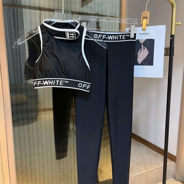 Off-White オフホワイトブランドヨガウェア レディース スポーツウェア スリムフィット ハイウエストヨガパンツ S - XL タイツ ヨガウェア上下セット おしゃれ 通気性 伸縮性 吸汗速乾 トレーニングウェア カップ付き 
