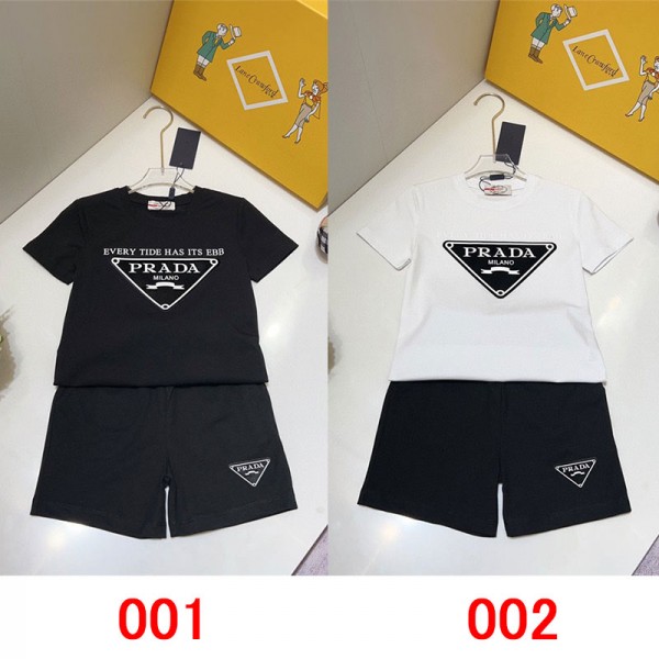 Prada プラダ ブランド 子供服 Tシャツ 半パンツ 2点セット ファッション 潮流 定番ロゴ 半袖 Tシャツ 90 - 160cm