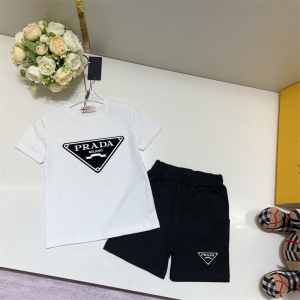 Prada プラダ ブランド 子供服 Tシャツ 半パンツ 2点セット ファッション 潮流 定番ロゴ 半袖 Tシャツ 90 - 160cm