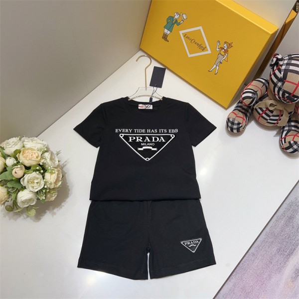 Prada プラダ ブランド 子供服 Tシャツ 半パンツ 2点セット ファッション 潮流 定番ロゴ 半袖 Tシャツ 90 - 160cm