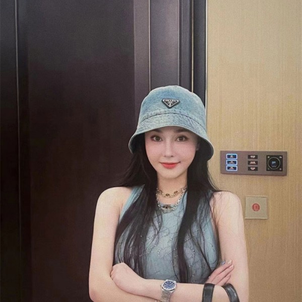 ブランド Prada プラダ デニム 日よけ帽子 UVカット帽子 防晒帽 サファリハット つば広ハット あご紐 付き 調節可能 紫外線対策 夏 秋 アウトドア 旅行用 釣り 登山 テンガロンハット