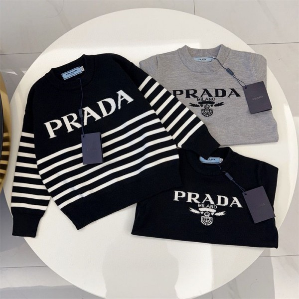 Prada プラダ ブランド 秋 冬 キッズ 男の子 丸首 セーター ニット 長袖 トップス 防寒 ボーダー柄 子供服 ジュニア クリスマス プレゼント 無地ニット服 90 - 150cm 着心地よい