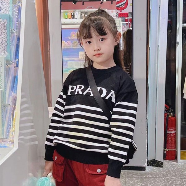 Prada プラダ ブランド 秋 冬 キッズ 男の子 丸首 セーター ニット 長袖 トップス 防寒 ボーダー柄 子供服 ジュニア クリスマス プレゼント 無地ニット服 90 - 150cm 着心地よい
