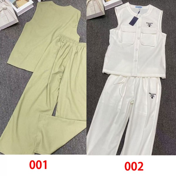 Prada プラダハイブランドセットアップ 夏 レディース ２点セット S- L ノースリーブ トップス パンツ 上下セット 落ち感 ウエストゴム ゆったり 体型カバー 着痩せ お洒落 無地 パンツスーツ シンプル 通勤