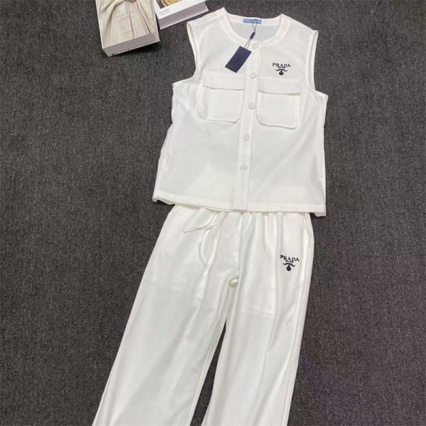 Prada プラダハイブランドセットアップ 夏 レディース ２点セット S- L ノースリーブ トップス パンツ 上下セット 落ち感 ウエストゴム ゆったり 体型カバー 着痩せ お洒落 無地 パンツスーツ シンプル 通勤