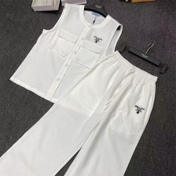 Prada プラダハイブランドセットアップ 夏 レディース ２点セット S- L ノースリーブ トップス パンツ 上下セット 落ち感 ウエストゴム ゆったり 体型カバー 着痩せ お洒落 無地 パンツスーツ シンプル 通勤