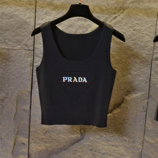Prada プラダハイブランドタンクトップ レディース ニット ノースリーブ 夏 キャミソール Tシャツ 薄手 カットソー サマーニット 無地 おしゃれ ニットタンクトップス インナー 重ね着 レイヤード さらさら 柔らか カジュアル