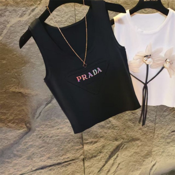 Prada プラダハイブランドタンクトップ レディース ニット ノースリーブ 夏 キャミソール Tシャツ 薄手 カットソー サマーニット 無地 おしゃれ ニットタンクトップス インナー 重ね着 レイヤード さらさら 柔らか カジュアル