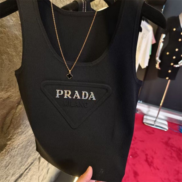 Prada プラダハイブランドタンクトップ レディース ニット ノースリーブ 夏 キャミソール Tシャツ 薄手 カットソー サマーニット 無地 おしゃれ ニットタンクトップス インナー 重ね着 レイヤード さらさら 柔らか カジュアル