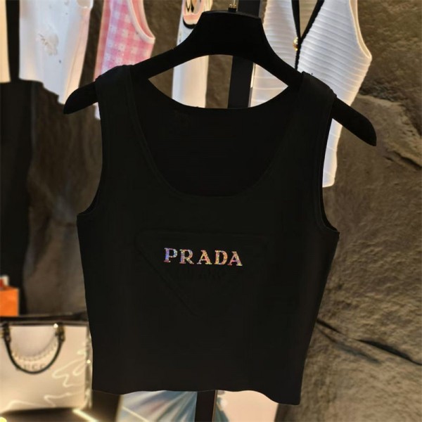Prada プラダハイブランドタンクトップ レディース ニット ノースリーブ 夏 キャミソール Tシャツ 薄手 カットソー サマーニット 無地 おしゃれ ニットタンクトップス インナー 重ね着 レイヤード さらさら 柔らか カジュアル