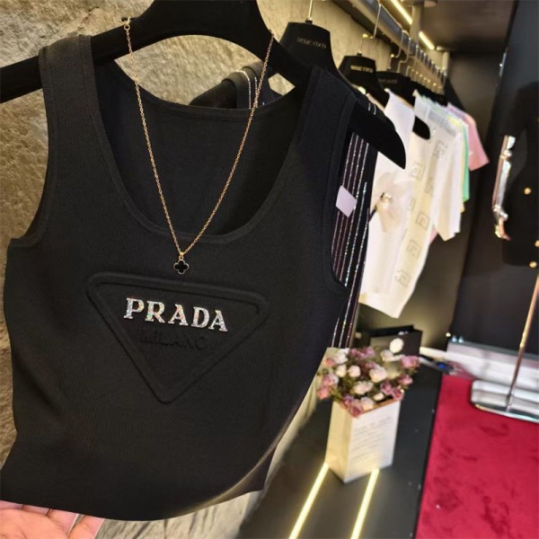 Prada プラダハイブランドタンクトップ レディース ニット ノースリーブ 夏 キャミソール Tシャツ 薄手 カットソー サマーニット 無地 おしゃれ ニットタンクトップス インナー 重ね着 レイヤード さらさら 柔らか カジュアル