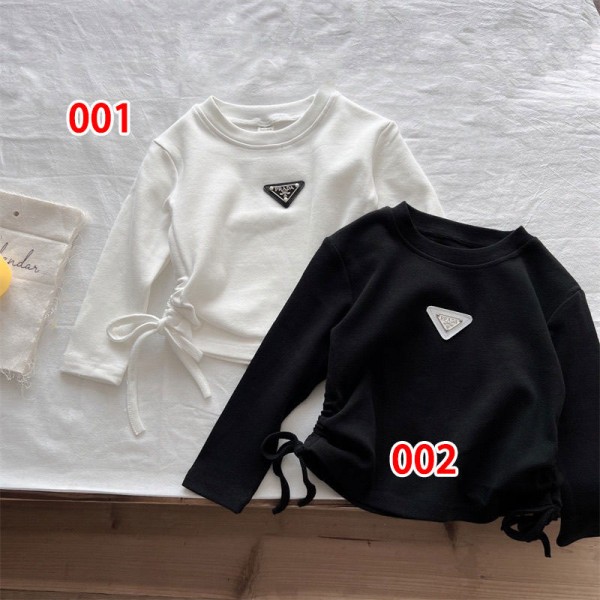 Prada プラダブランド長袖tシャツ長 キッズ ガールズTシャツ 子供服 女の子 トップス インナー 個性デザイン ラウンドネック 正肩 スリムフィット 可愛い 小学生 中学生 春 秋 冬 90- 140cm