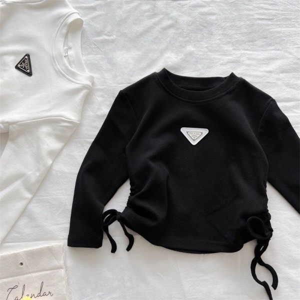 Prada プラダブランド長袖tシャツ長 キッズ ガールズTシャツ 子供服 女の子 トップス インナー 個性デザイン ラウンドネック 正肩 スリムフィット 可愛い 小学生 中学生 春 秋 冬 90- 140cm