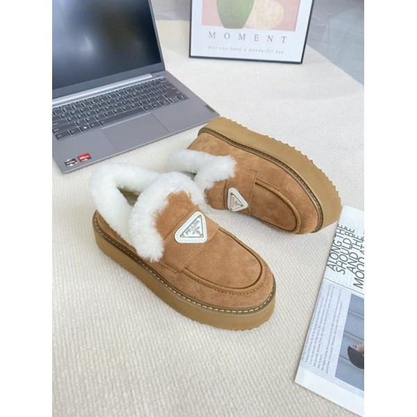 Prada プラダ ブランドレディースローファー 内ボア シューズ 厚底ミュール ファー付き 暖かい スリッポン 防寒 あったか ふわふわ 軽量 冬用シューズ カジュアル 225¬250cm