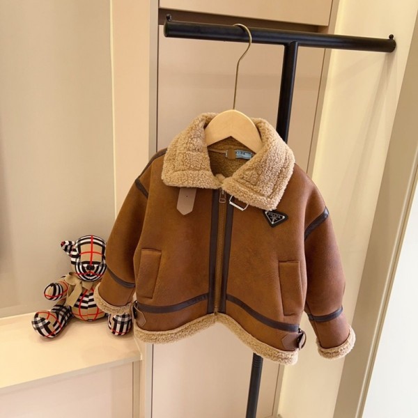 Prada プラダブランド厚手コート 裏起毛ジャケット ベビー服 男の子 女の子 ボアジャケット 90-170cm キッズ 幼児 シェルパ 裏地トップ ラペル ボタンダウン 厚手 暖かい コート 冬 アウター