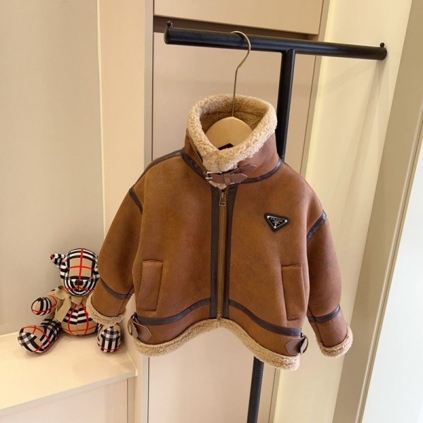 Prada プラダブランド厚手コート 裏起毛ジャケット ベビー服 男の子 女の子 ボアジャケット 90-170cm キッズ 幼児 シェルパ 裏地トップ ラペル ボタンダウン 厚手 暖かい コート 冬 アウター