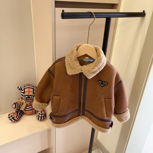 Prada プラダブランド厚手コート 裏起毛ジャケット ベビー服 男の子 女の子 ボアジャケット 90-170cm キッズ 幼児 シェルパ 裏地トップ ラペル ボタンダウン 厚手 暖かい コート 冬 アウター
