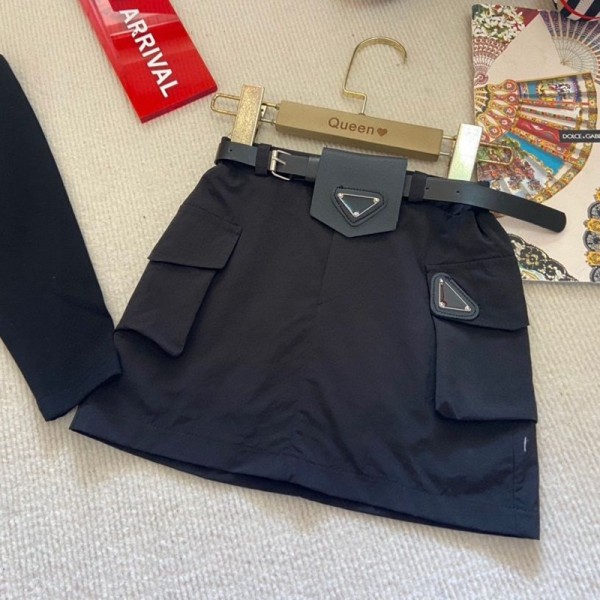 Prada プラダブランドトライアングルロゴ キッズ セットアップ 長袖Tシャツ ワークスカート ガールズ サイドドローコード 子供服 かわいい 着痩せ 着心地よい 90-140cm 