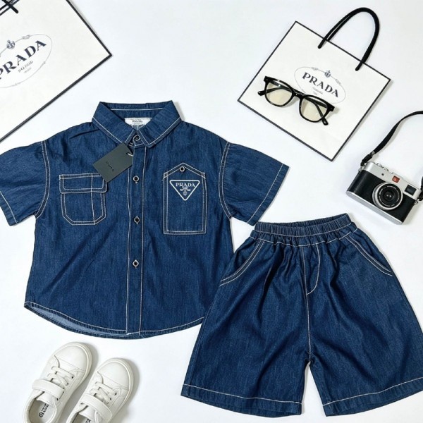プラダブランドボーイズ デニムスーツ Prada キッズ服 ショーツスーツ 男の子 デニムシャツ 上下セット 子供服 90-150cm カウボーイスーツ 半袖シャツ 2点セット デニム半袖 デニムパンツ Tシャツパンツ 2つのセット 夏服 カジュアル おしゃれ