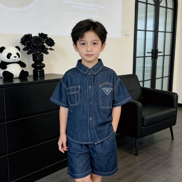 プラダブランドボーイズ デニムスーツ Prada キッズ服 ショーツスーツ 男の子 デニムシャツ 上下セット 子供服 90-150cm カウボーイスーツ 半袖シャツ 2点セット デニム半袖 デニムパンツ Tシャツパンツ 2つのセット 夏服 カジュアル おしゃれ