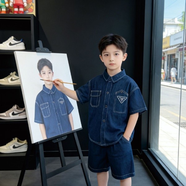 プラダブランドボーイズ デニムスーツ Prada キッズ服 ショーツスーツ 男の子 デニムシャツ 上下セット 子供服 90-150cm カウボーイスーツ 半袖シャツ 2点セット デニム半袖 デニムパンツ Tシャツパンツ 2つのセット 夏服 カジュアル おしゃれ