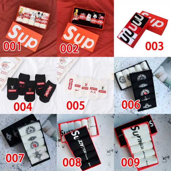 Supreme シュプリームハイブランド ソックス 綿製コットン 靴下 5足セット メンズ 通気性 浅口ソックス 女の子好き 韓国上質な コットン ソックス くつした