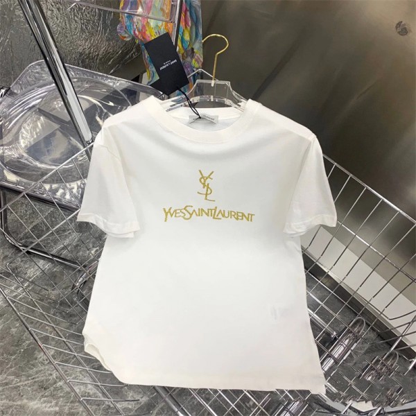 ブランドYsl イブサンローラン半袖tシャツハイブランドtシャツ偽物レディースメンズブランドtシャツ キラキラYSLロゴ 丸首オーバーサイズ20代 30代40代tシャツ 激安パロディ