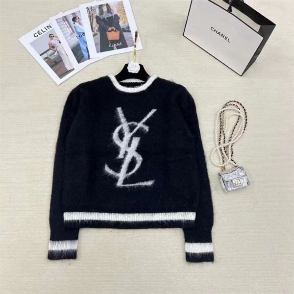 YSL イブサンローラン セーター 白黒 丸首 モノグラム 女性 2023新品 秋冬