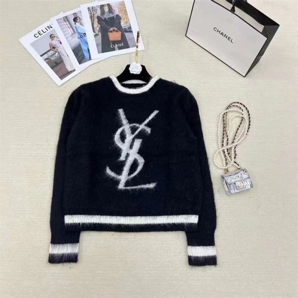 YSL イブサンローラン セーター 白黒 丸首 モノグラム 女性 2023新品 秋冬