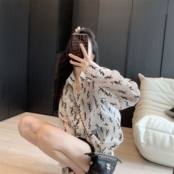 Ysl イヴサンローランブランドシャツ ブラウス レディース トップス S - XL ポケット付き 襟付き 長袖 カジュアル 薄手 オフィス とろみ ゆったり 大きいサイズ 重ね着用 通勤 日常 通学 事務服 ビジネス おしゃれ 夏 通気性 ファッション