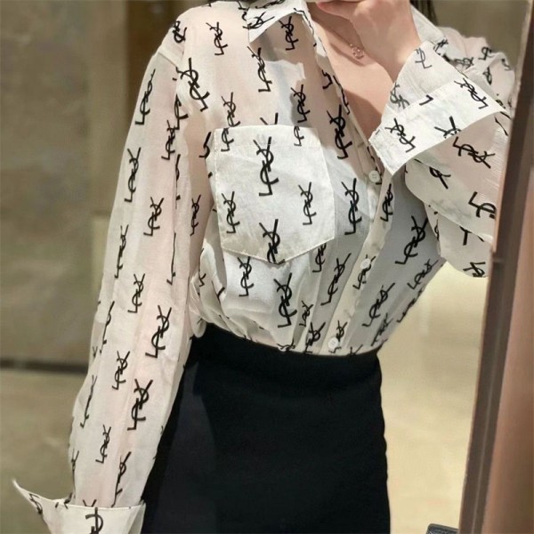 Ysl イヴサンローランブランドシャツ ブラウス レディース トップス S - XL ポケット付き 襟付き 長袖 カジュアル 薄手 オフィス とろみ ゆったり 大きいサイズ 重ね着用 通勤 日常 通学 事務服 ビジネス おしゃれ 夏 通気性 ファッション