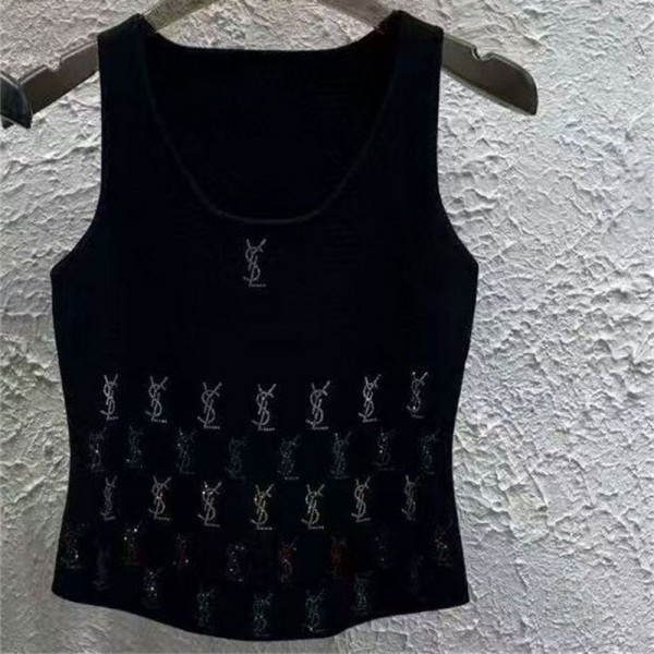 Ysl イブサンローランハイブランドニット タンクトップ レディース Uネック サマーニット トップス ノースリーブ セーター リブ編み 夏 薄手 インナー きれいめ タイト 接触冷感 黒 白 S - 2XL