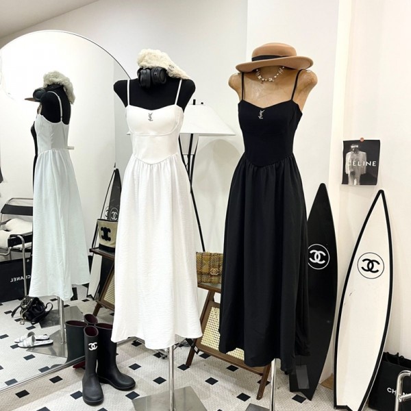 ブランド YSL レディース キャミワンピース ロング ワンピース イヴサンローラン ドレス スリップ ノースリーブ ポケット パット付き 肩ひも調整 薄手 体型カバー 着痩せ 肩出し可愛い おしゃれ 普段着