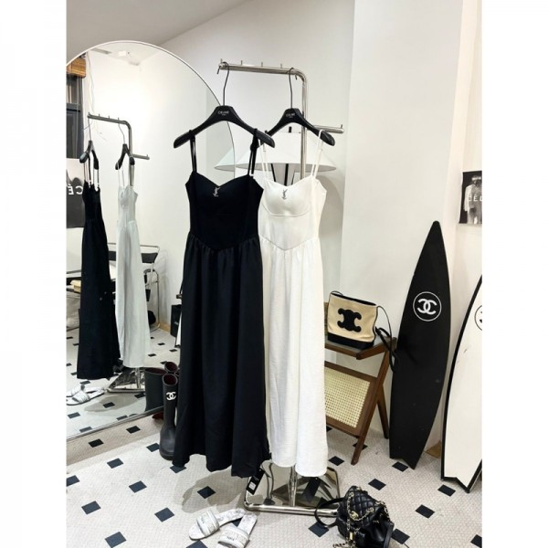 ブランド YSL レディース キャミワンピース ロング ワンピース イヴサンローラン ドレス スリップ ノースリーブ ポケット パット付き 肩ひも調整 薄手 体型カバー 着痩せ 肩出し可愛い おしゃれ 普段着