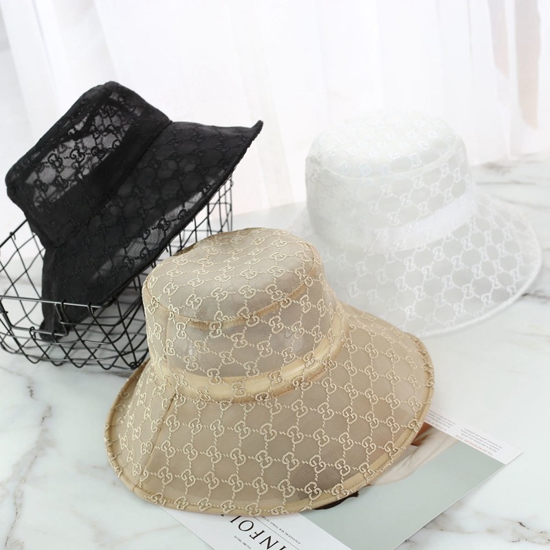 つば広 UVカットBucket hat グッチロゴ刺繍 