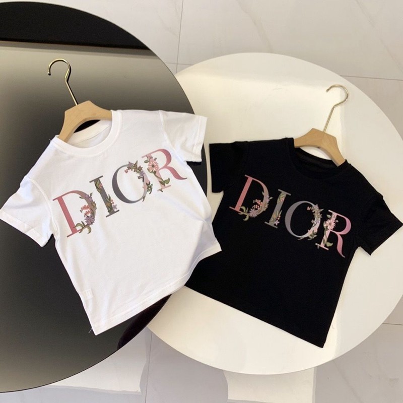 ディオールファッションキッズ半袖tシャツ黒 白コットン丸首 子供服ブランドDior 花プリントトップス 2021夏 快適 潮流