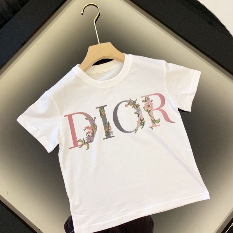 ディオールファッションキッズ半袖tシャツ黒 白コットン丸首 子供服ブランドDior 花プリントトップス 2021夏 快適 潮流