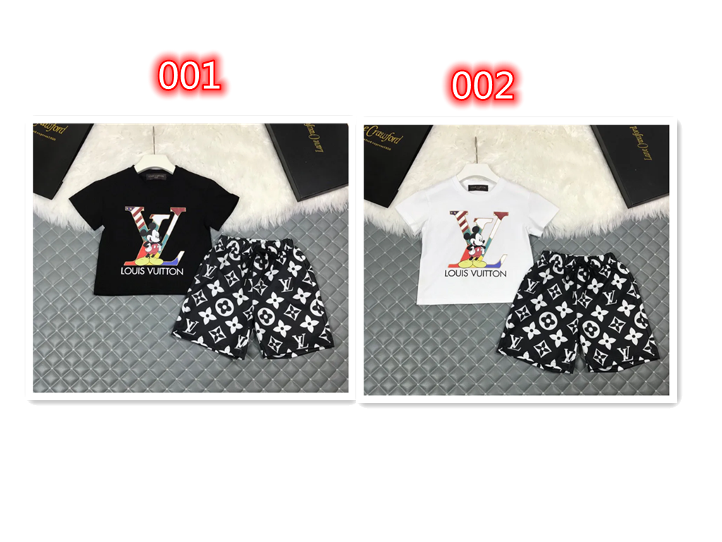 ルイヴィトンブランドＴシャツ 子供服 夏 かわいいミッキー柄 半袖 Tシャツ 半ズボン上下セット 高品質 純綿 快適 Tシャツ 上着 パンツ